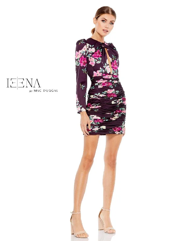 Flowery Silk Long Sleeves DressMac Duggal 2635 Long Sleeve Floral Print Dress