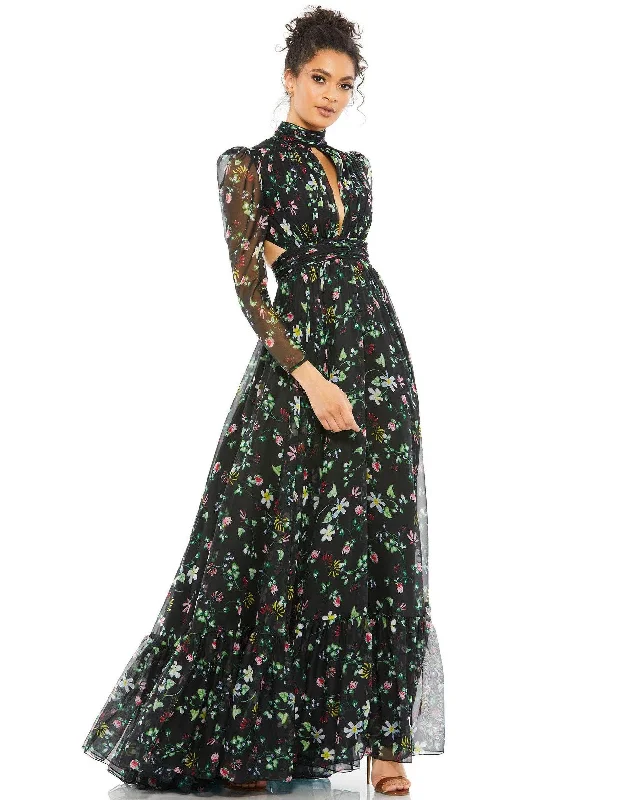 Flowing Long Sleeves Ruffle DressMac Duggal 67942 Long Sleeve Formal Floral Dress