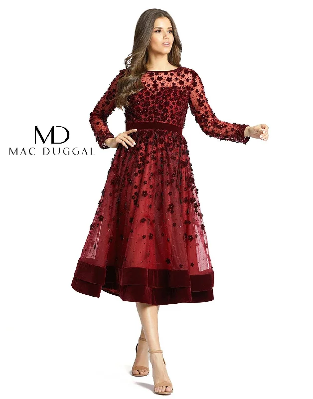 Flowery Patterned Long Sleeves DressMac Duggal Sheer Long Sleeve A Line Short Dress