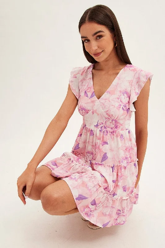 Sleeveless Dress Petite SizePink Floral Fit And Flare Dress Sleeveless V-Neck