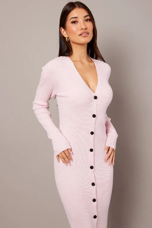 Fitted Long Sleeves Peplum Midi DressPink Knit Dress Long Sleeve Button Front