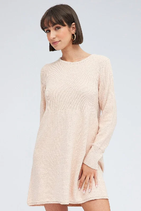 Flowery Long Sleeves Tea DressPink Knit Dress Long Sleeve