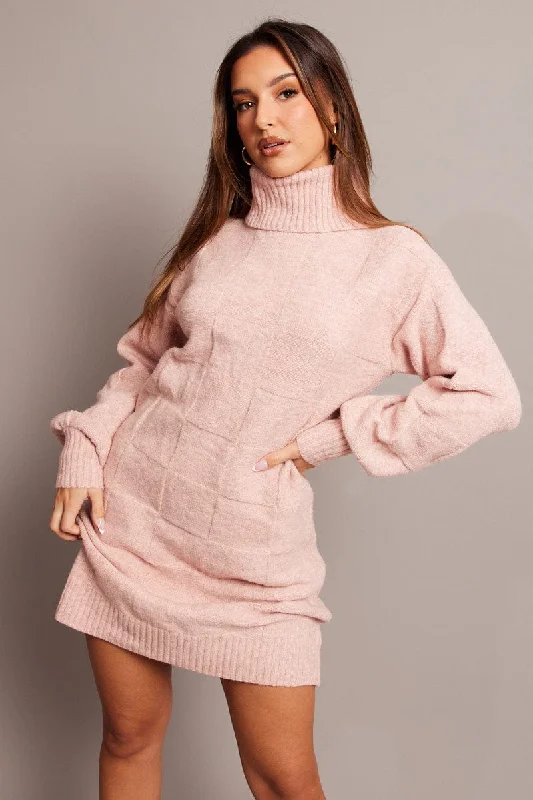 Fuzzy Long Sleeves DressPink Knit Dress Long Sleeve Turtle Neck