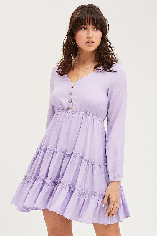 Flowery Long Sleeves Peplum DressPurple Skater Dress Long Sleeve