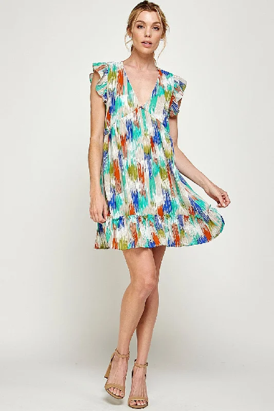 Sleeveless Dress For BeachShort Sleeveless Brushed Print Ruffled Dress