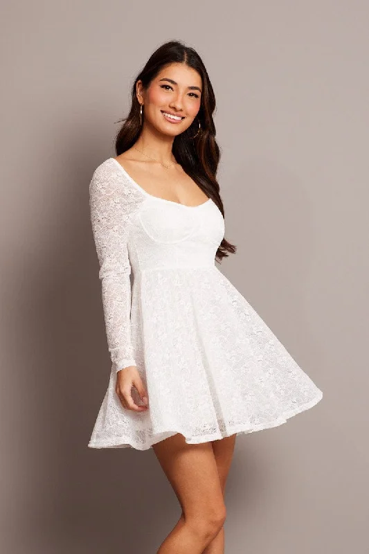 Formal Evening Long Sleeves DressWhite Fit And Flare Dress Long Sleeve Lace