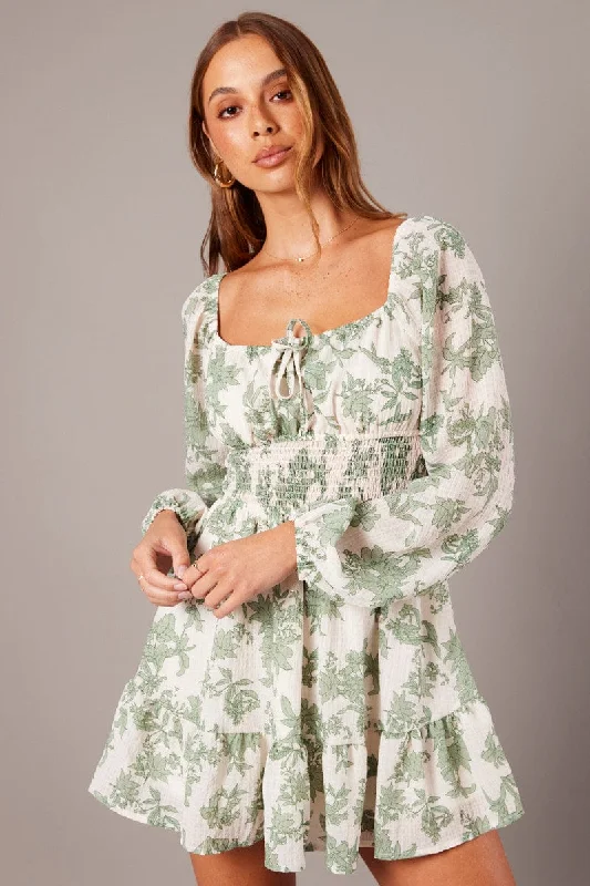 Flirty Silk Long Sleeves DressWhite Floral Fit and Flare Dress Long Sleeve Ruched Bust