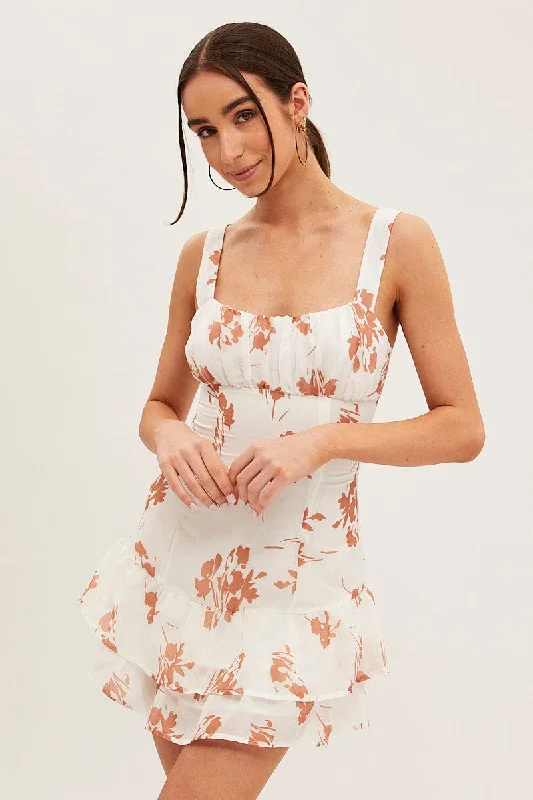 Sleeveless Dress With Button-Up BackWhite Floral Fit And Flare Dress Sleeveless Square Neck