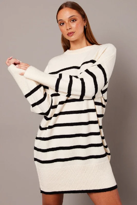 Fancy Long Sleeves Wedding Guest DressWhite Stripe Knit Dress Long Sleeve Crew Neck Oversized