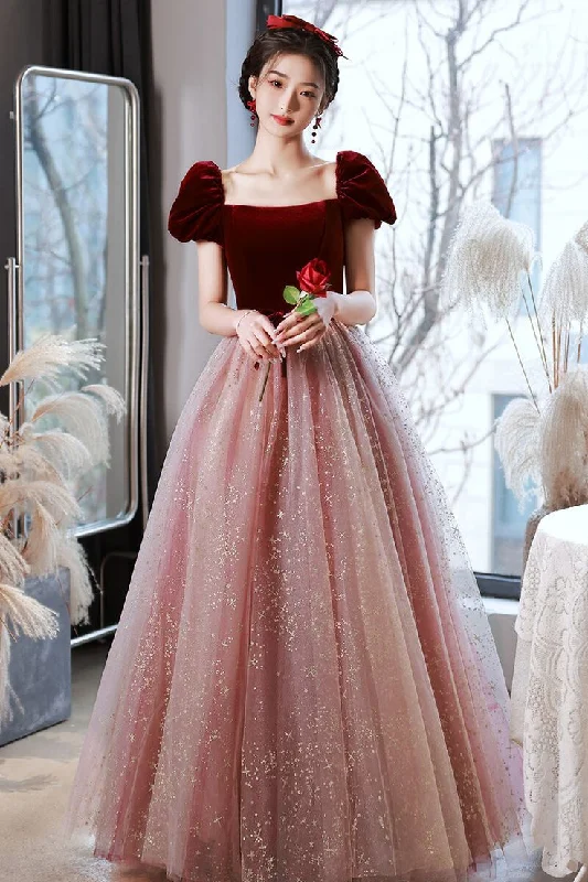 maxi dresses for day-to-night wearBurgundy Velvet Cap Sleeves Tulle Long Princess Dress           S3008