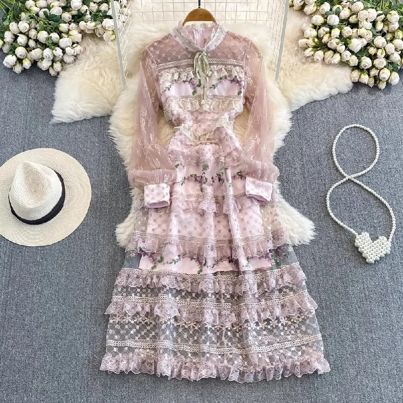 maxi dresses for music festivalsFashionable long-sleeved A-line lace dress elegant long dress     S4403