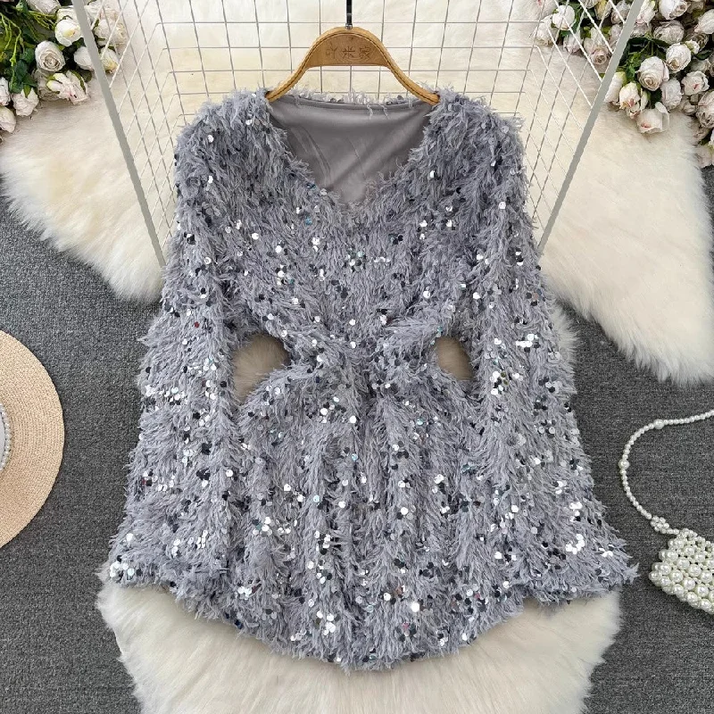 maxi dresses for weddingslong-sleeved V-neck A-line sparkling sequined furry dress for women     S4336