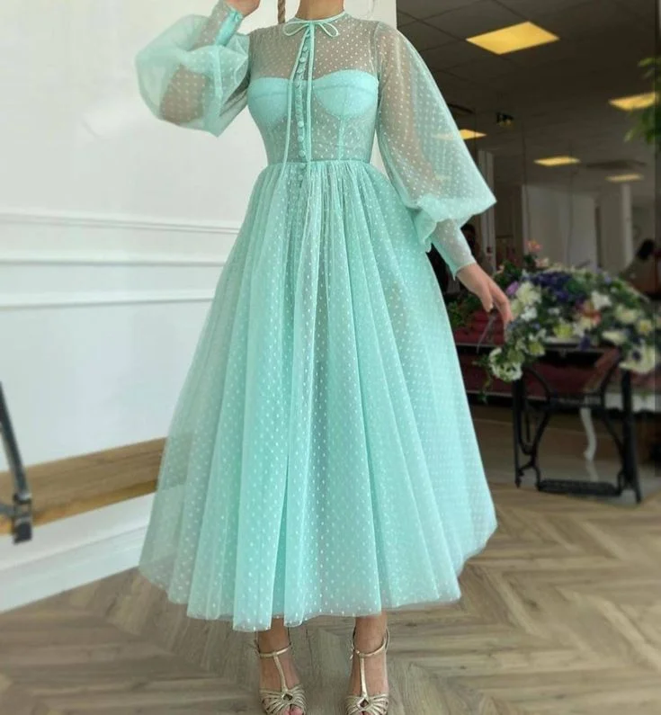 maxi dresses for cocktail partiesMint Green Long Lantern Sleeve Ankle Length Dress      S3121