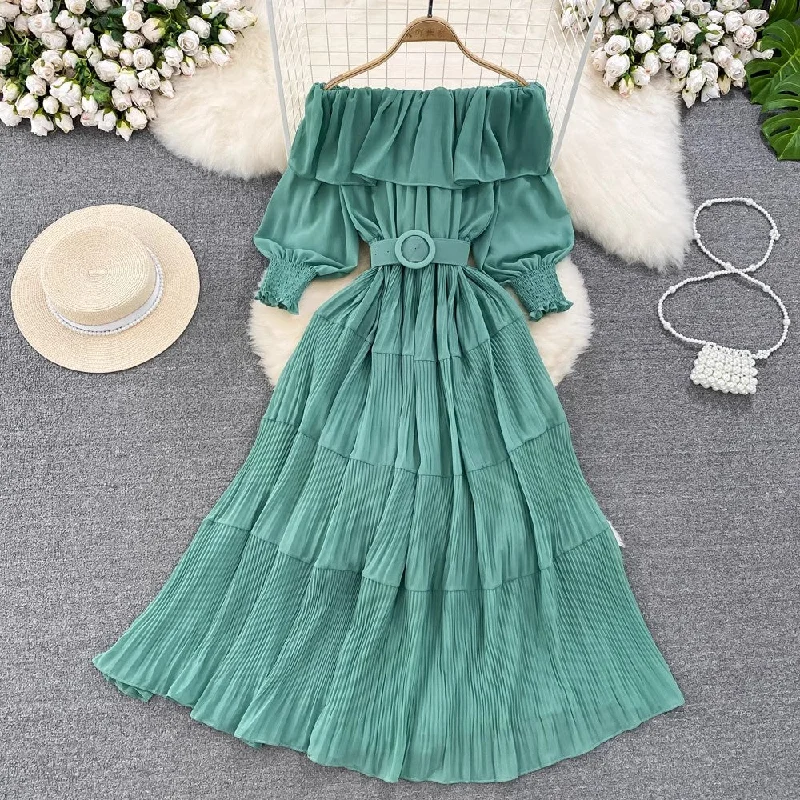 maxi dresses for outdoor weddingsoff-shoulder ruffled A-line pleated dress elegant long skirt    S4426