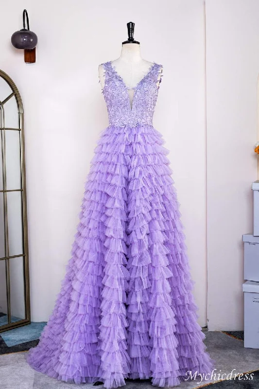 prom dress accessories2025 Hot Lavender Lace Prom Dresses Layered V Neck Slit