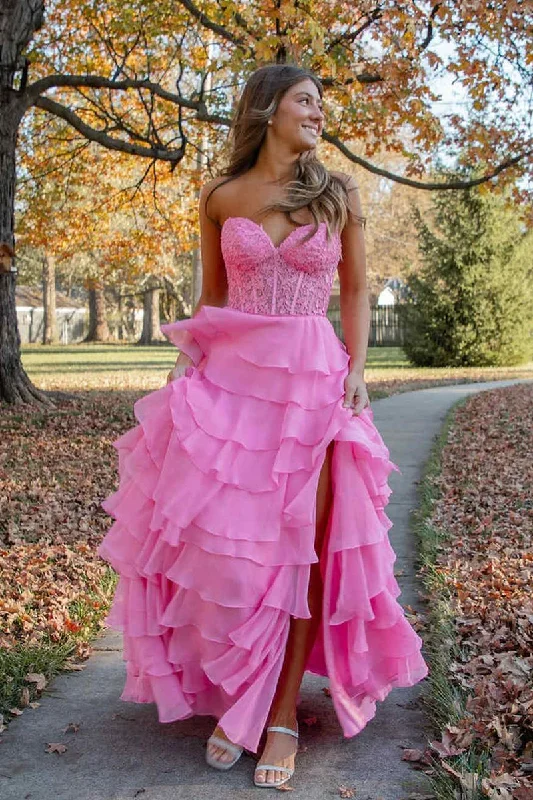 prom dresses with sheer overlays2025 Hot Pink Corset Long Prom Dresses Ruffle Sweetheart Lace Chiffon