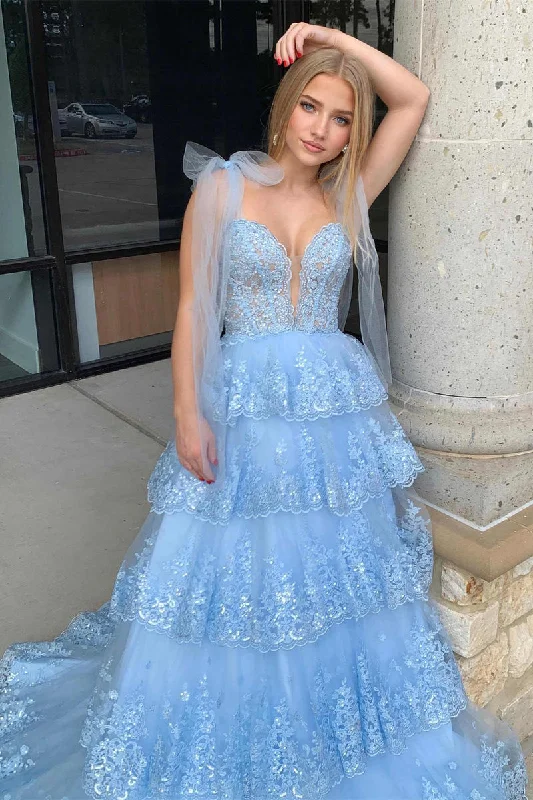 prom dresses with illusion panels2025 Light Blue Layered Prom Dress Tiered Tie Staps Plunging Neck