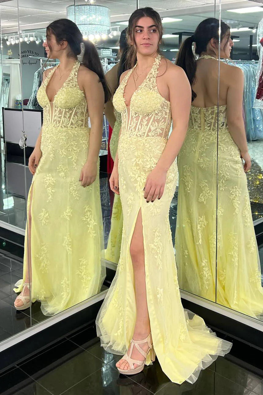 prom dresses for short girls2025 Long Halter Mermaid Lace Yellow Prom Dresses