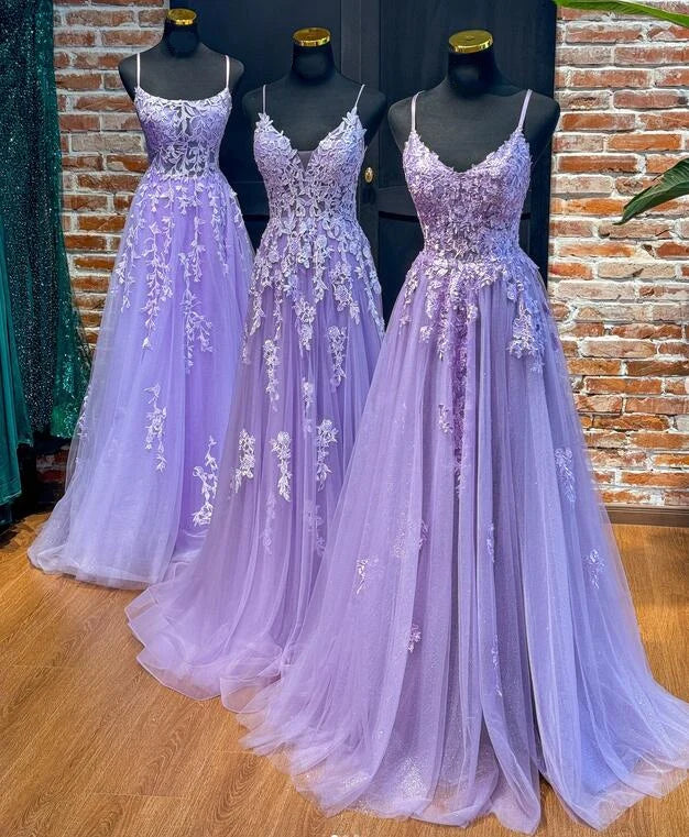 ready-to-wear prom dresses2025 Straps Violet Purple Prom Dresses Lace Tulle Long A-line Dress