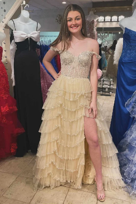 prom dresses for spring2025 Tiered Prom Dresses Champagne Ruffle Off the Shoulder Sequin