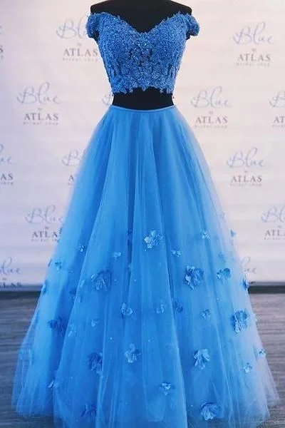 prom dresses for short girlsA Line 2 Piece Blue Prom Dresses Off-the-shoulder Long Formal Gown