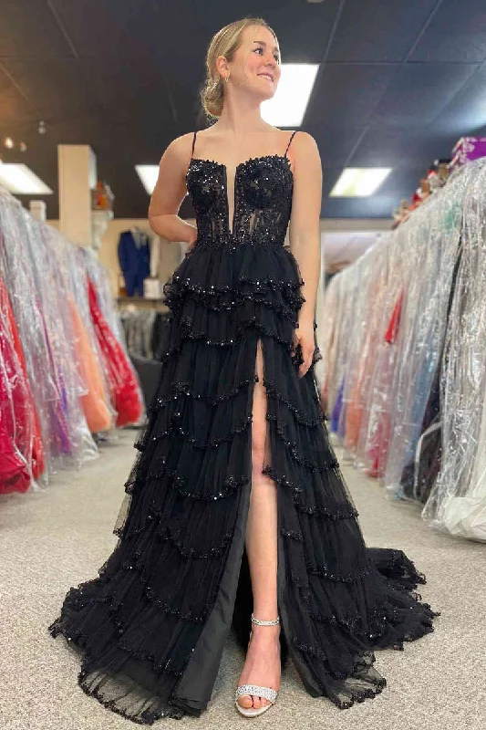 prom dresses for hourglass figuresA Line Black Long Tiered Prom Dresses Sequined Layered Straps