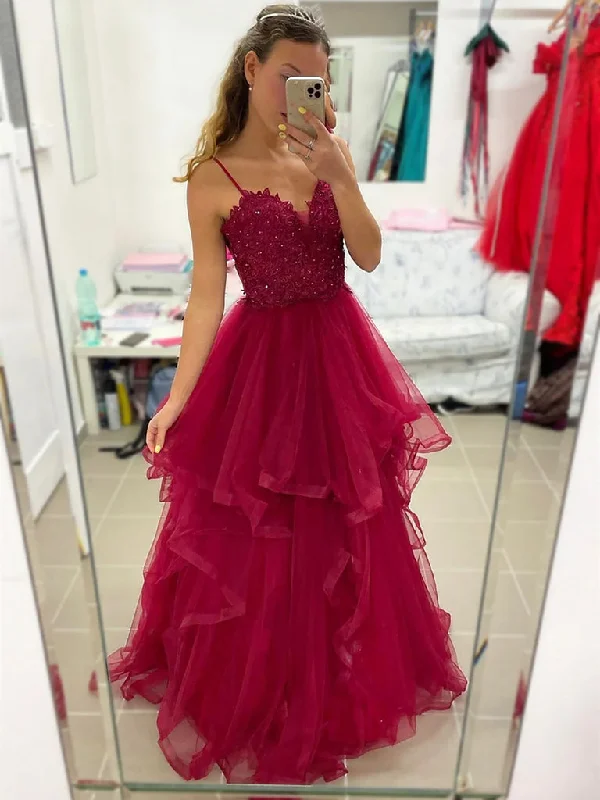 ball gown prom dressesA Line Burgundy Lace Prom Dresses 2025 V Neck Tulle Formal Gown