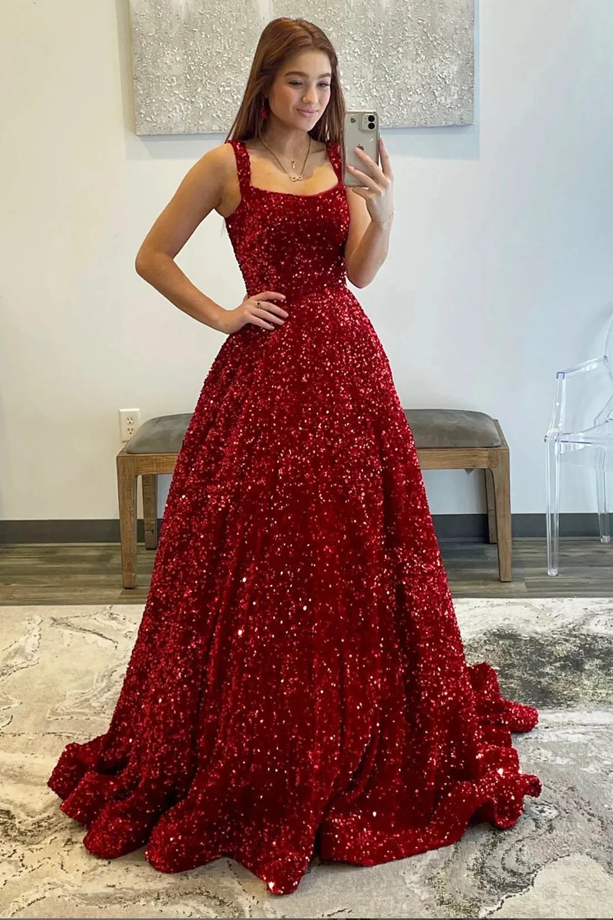 A-line prom dressesA-line Burgundy Velvet Sequins Prom Dress with Pockets Sweep Train