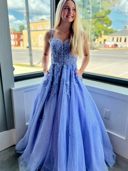 off-shoulder prom dressesA Line 2025 Lace Blue Long Prom Dresses Straps with Pockets