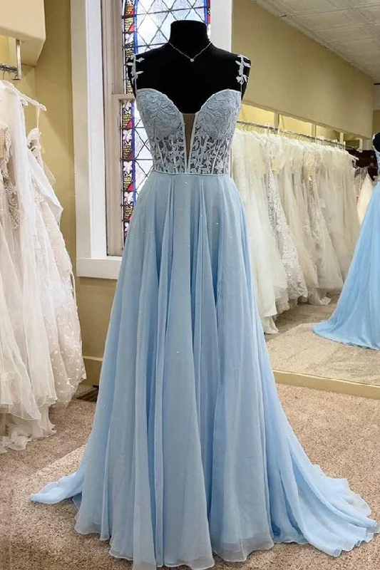 off-shoulder prom dressesA Line Lace Long Formal Dresses Blue Prom Dress Bodice Beaded