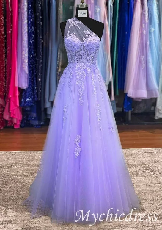 prom dresses for fallA-line 2025 Lavender Long Prom Dresses One Shoulder Lace Formal Gown