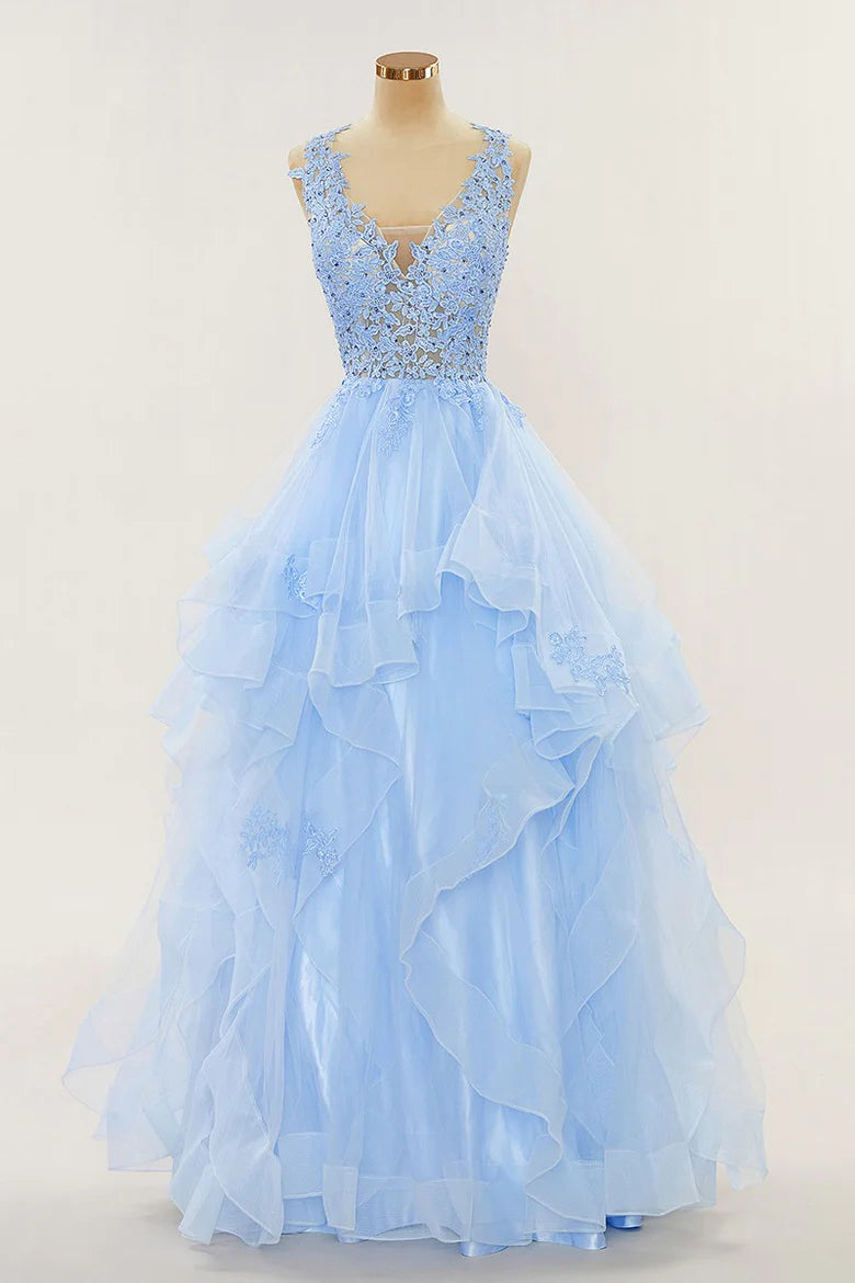 mid-length prom dressesA-line Long Layers Lace Prom Dresses Light Blue Beaded Appliques