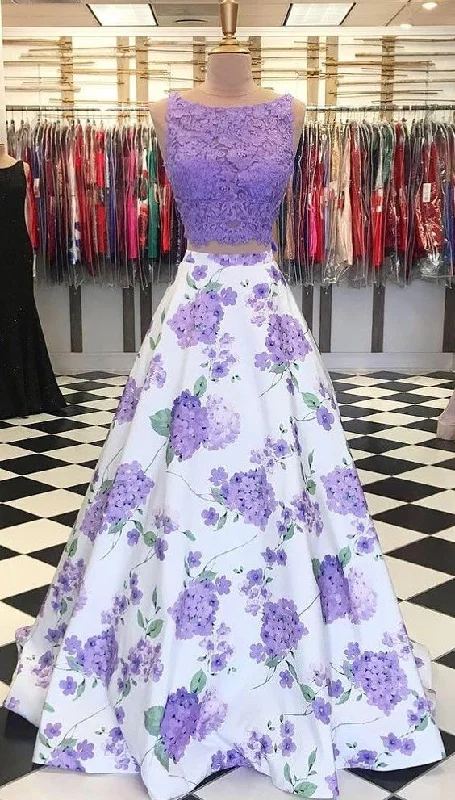 geometric print prom dressesA Line Purple Floral Lace Two Piece Prom Dresses with Bowknot