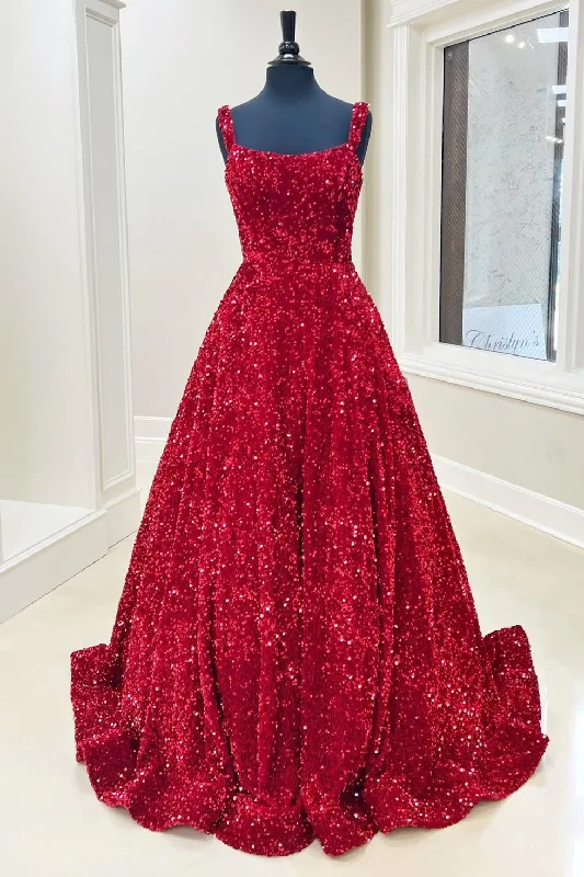 dark prom dressesA-Line Red Sequin Quince Dresses Square Neck Backless Long Prom Dresses