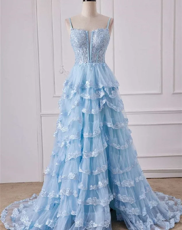 tulle prom dressesA Line Ruffles Layered Blue Prom Dresses Long Sequined Straps