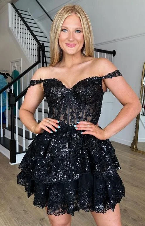 flutter sleeve prom dressesA-Line Short Black Prom Dress Sheer Corset Bodice Homecoming dress