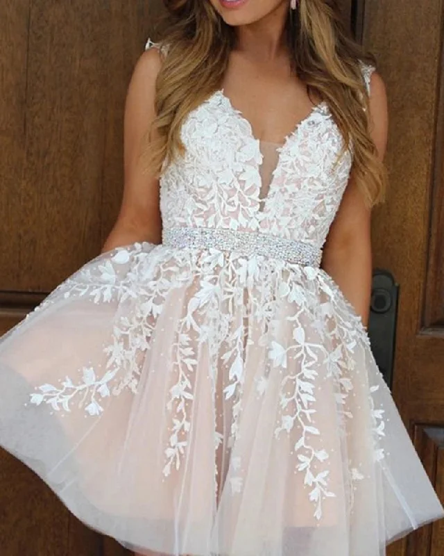 halter prom dressesA Line Short Lace Prom Dresses with Beading Belt