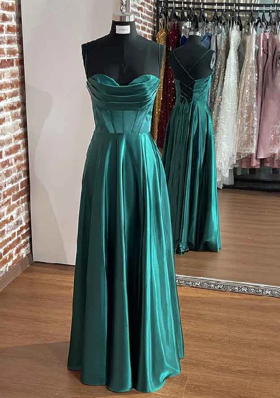 cap sleeve prom dressesA-line Silk like Emerald Green Satin Prom Dresses 2025 Ruched Pleated