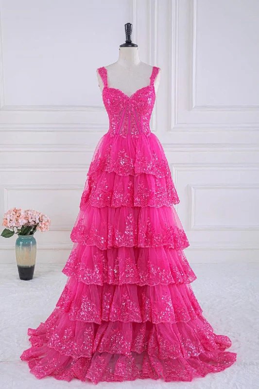 prom dresses for pear shapesBall Gown Corset Layered Fuchsia Prom Dresses Sweetheart Sequin