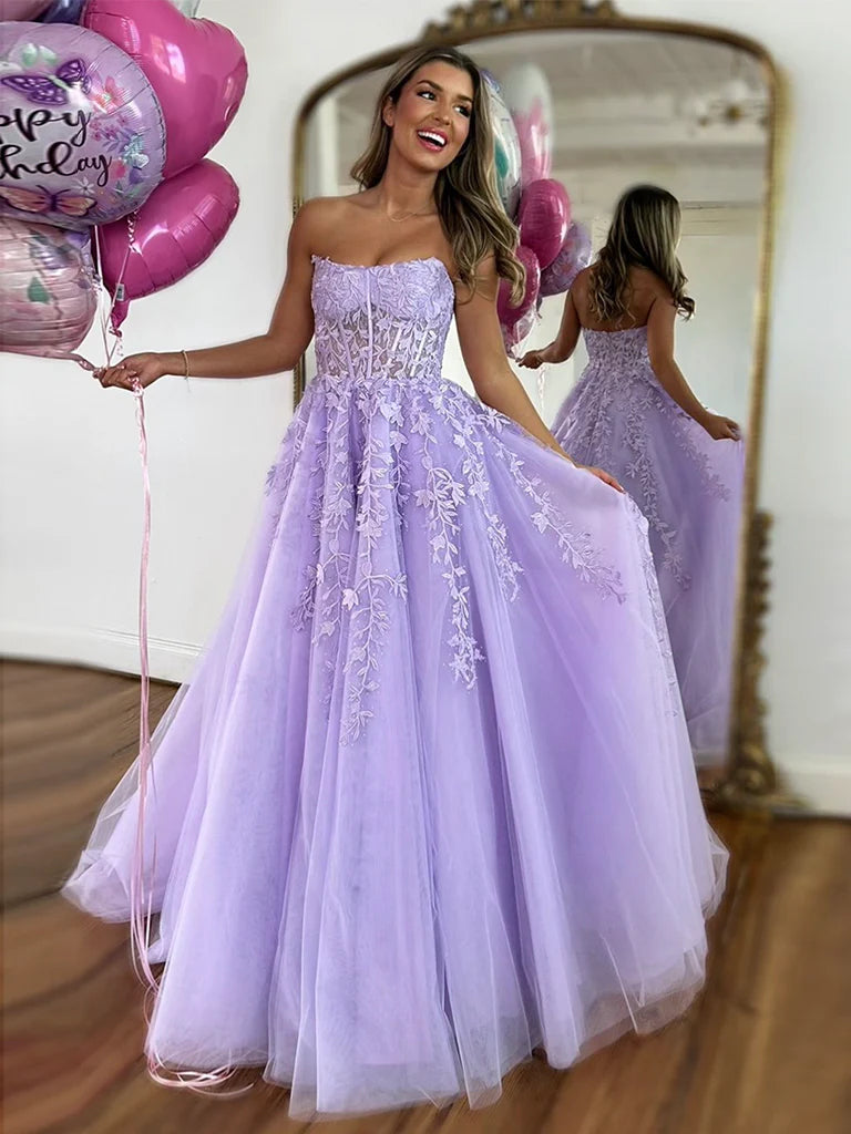 bodycon prom dressesBall Gown Strapless Purple Violet Prom Dress Lace Long Formal Gown