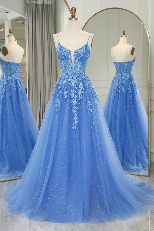 A-line prom dressesBlue Long Prom Dress Cheap A-Line Formal Dress Tulle With Appliques