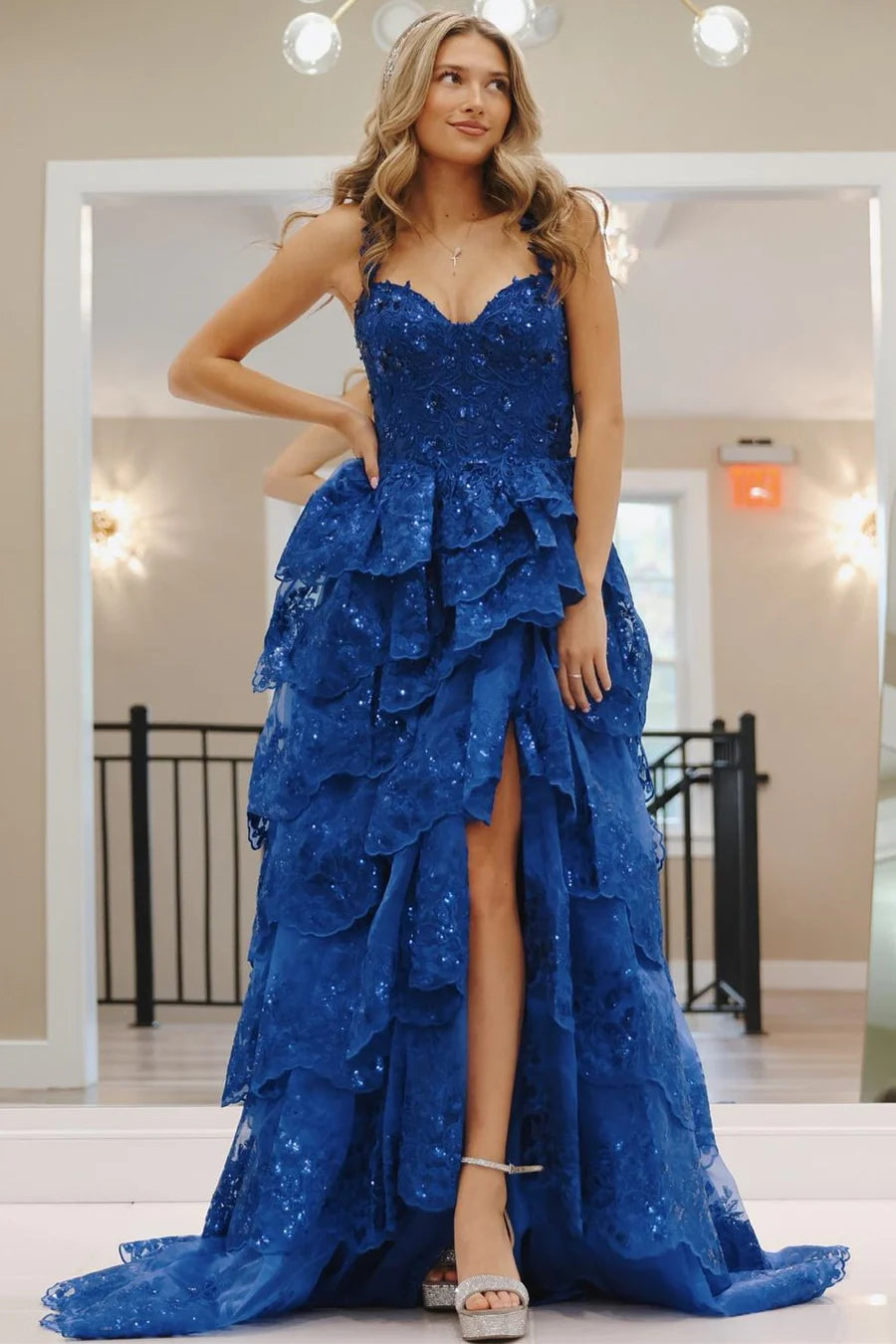 prom dresses for tall girlsBlue Ruffle Tiered Prom Dresses Tulle Sequin Sweetheart Long Formal Gown