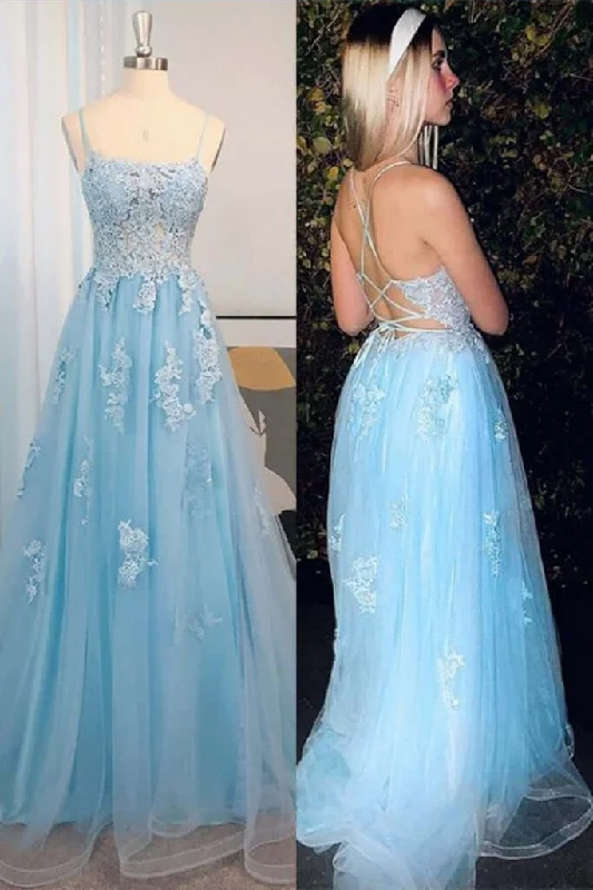 sweetheart neckline prom dressesCheap Lace Long Light Blue Prom Dresses A Line Open Back