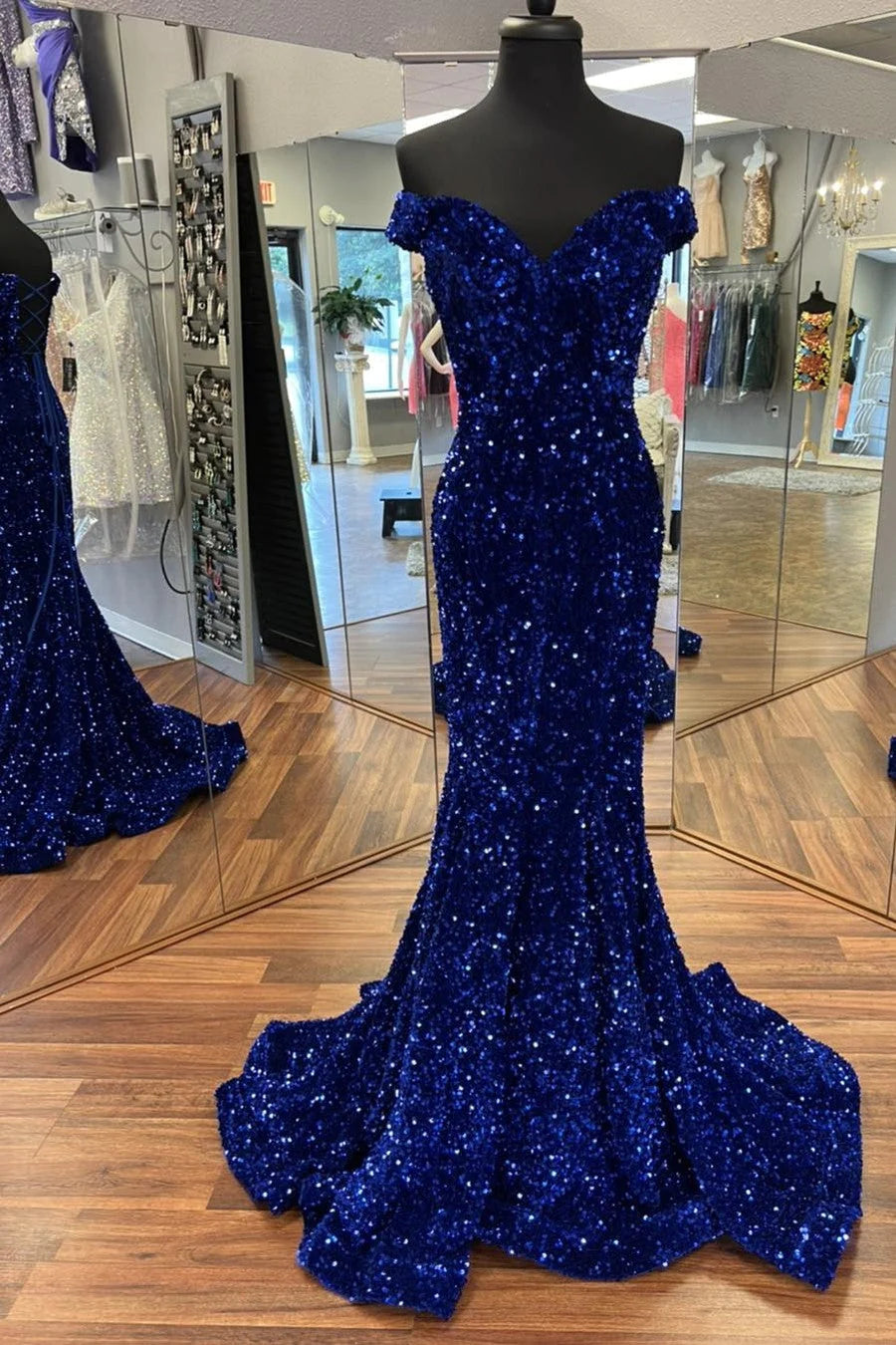 sleeveless prom dressesCheap Long Formal Dress Royal Blue Prom Dress Sequins Mermaid