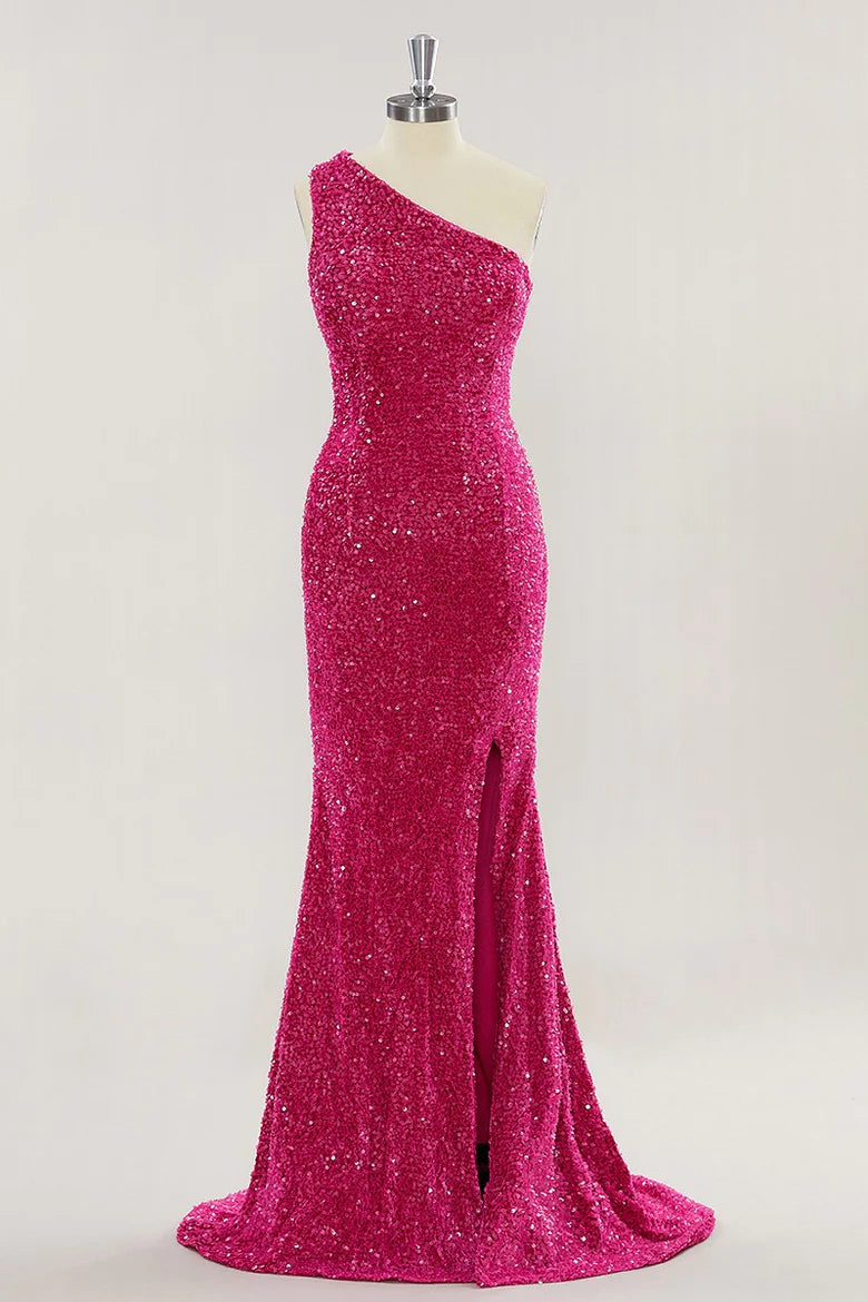 cap sleeve prom dressesCheap One Shoulder Long Prom Dress Hot Pink Sequins Mermaid Slit