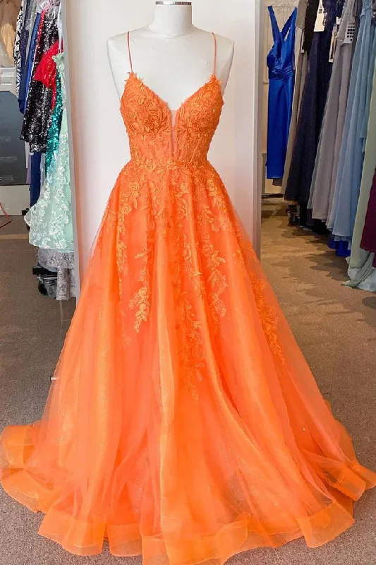 prom dresses with built-in petticoats2025 Corset Orange Prom Dress Lace A Line Spaghetti Straps Appliques