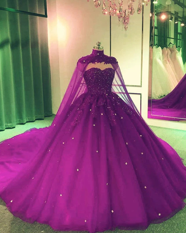 chiffon prom dresses2025 Crystals Purple Ball Gown Prom Dresses with Cape Sweet 16 Quinceanera Dress