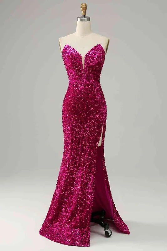 short prom dressesCustom Made Fuchsia Sequins Magenta Prom Dresses Strapless with Slit