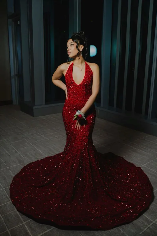 convertible prom dressesDeep V Neck 2025 Red Iridescent Sequin Prom Dress Open Back Mermaid