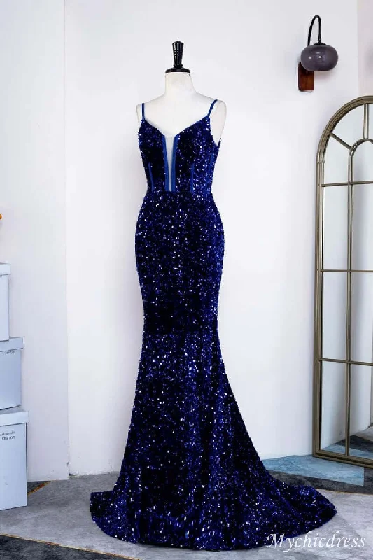 glamorous prom dressesElegant Mermaid Long Formal Dress Royal Blue Sequin Prom Dress